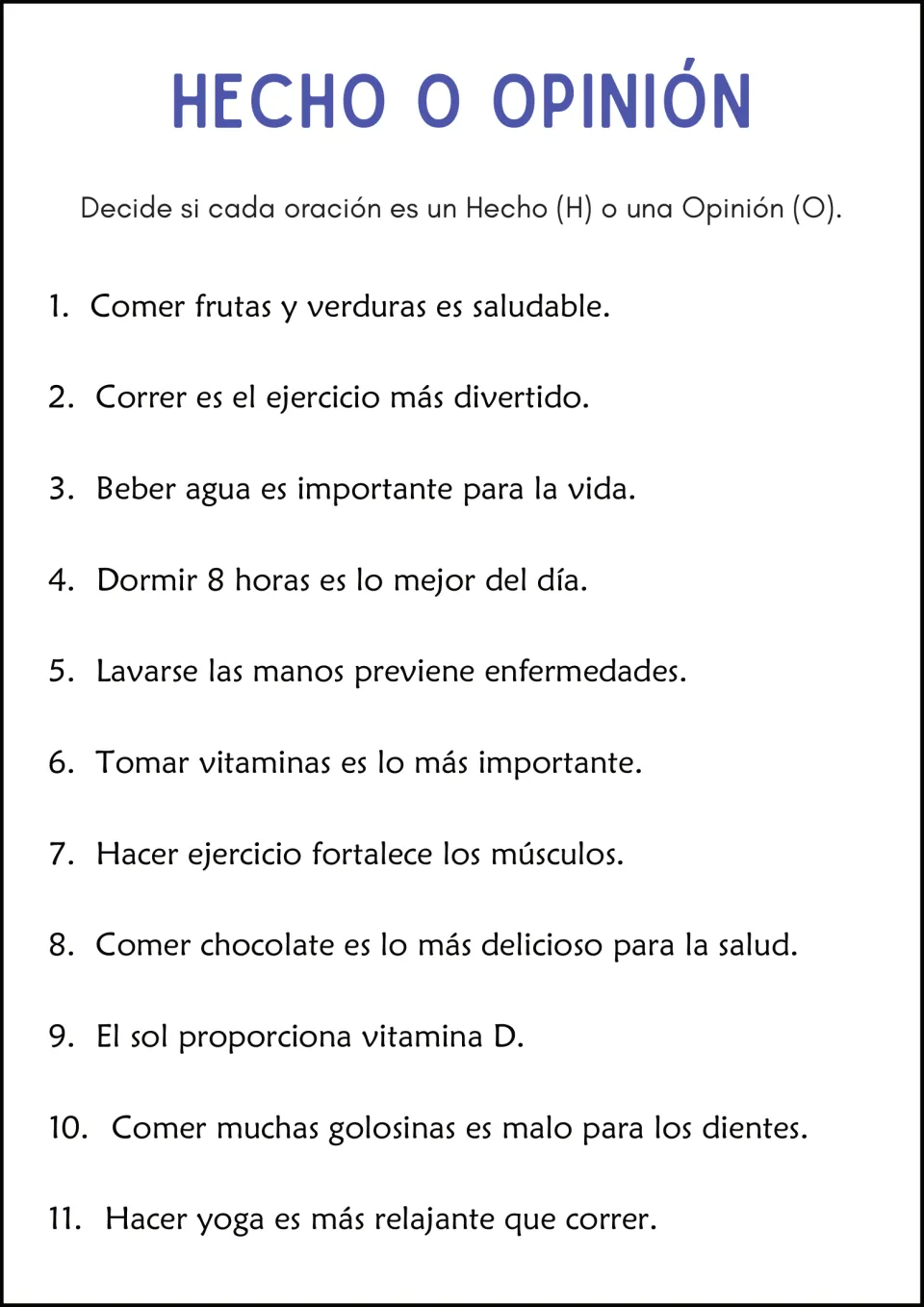 Health habits fact or opinion in Spanish: students decide H or O for 11 sentences on exercise, sleep, water and vitamins