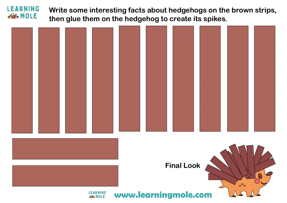 Hedgehog fact spikes: students write facts on 12 brown cut-out strips, then glue them on as spikes, with a Final Look model