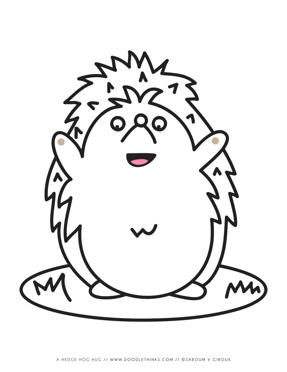 Hedgehog coloring page: a smiling hedgehog with spiky fur and raised arms stands on a grassy patch, ready to color in