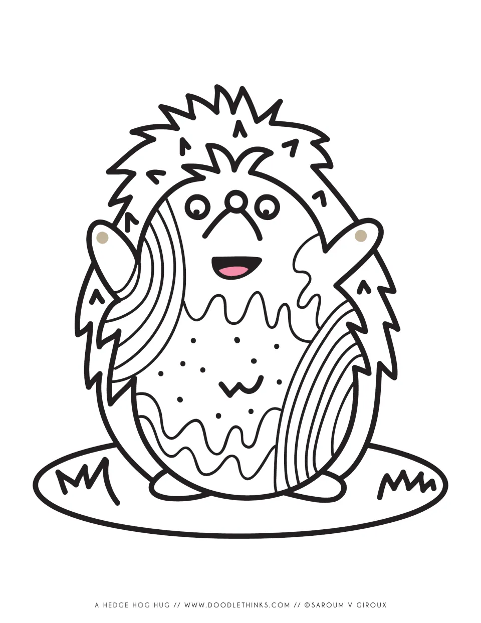 Patterned hedgehog coloring page: a happy hedgehog filled with wavy stripes, curved bands and dots to color