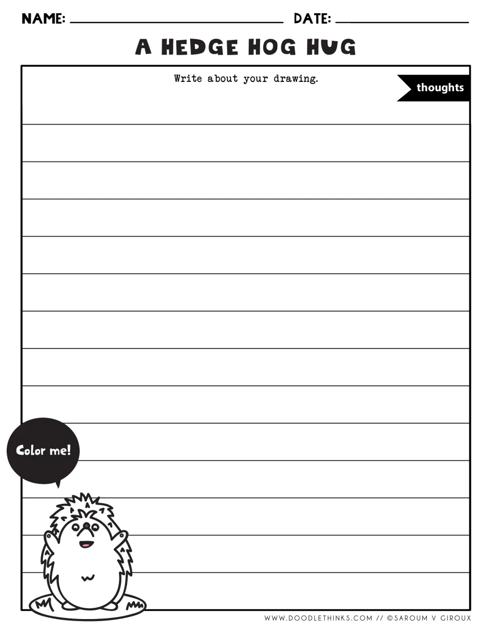 Hedgehog drawing reflection with wide writing rows: students write about their drawing and color the small hedgehog