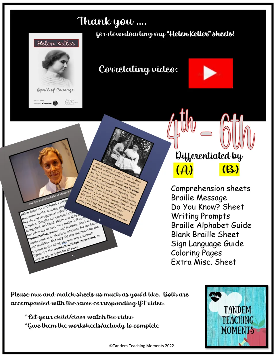 Packet introduction for grades 4–6 lists differentiated A/B activities and a companion Helen Keller video.