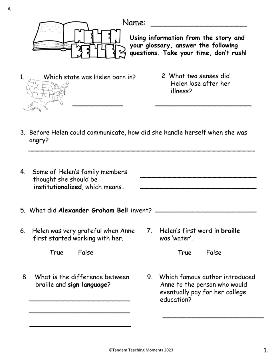 Comprehension set A, questions 1–9, covers Helen's birthplace, lost senses, Anne Sullivan, and Braille.