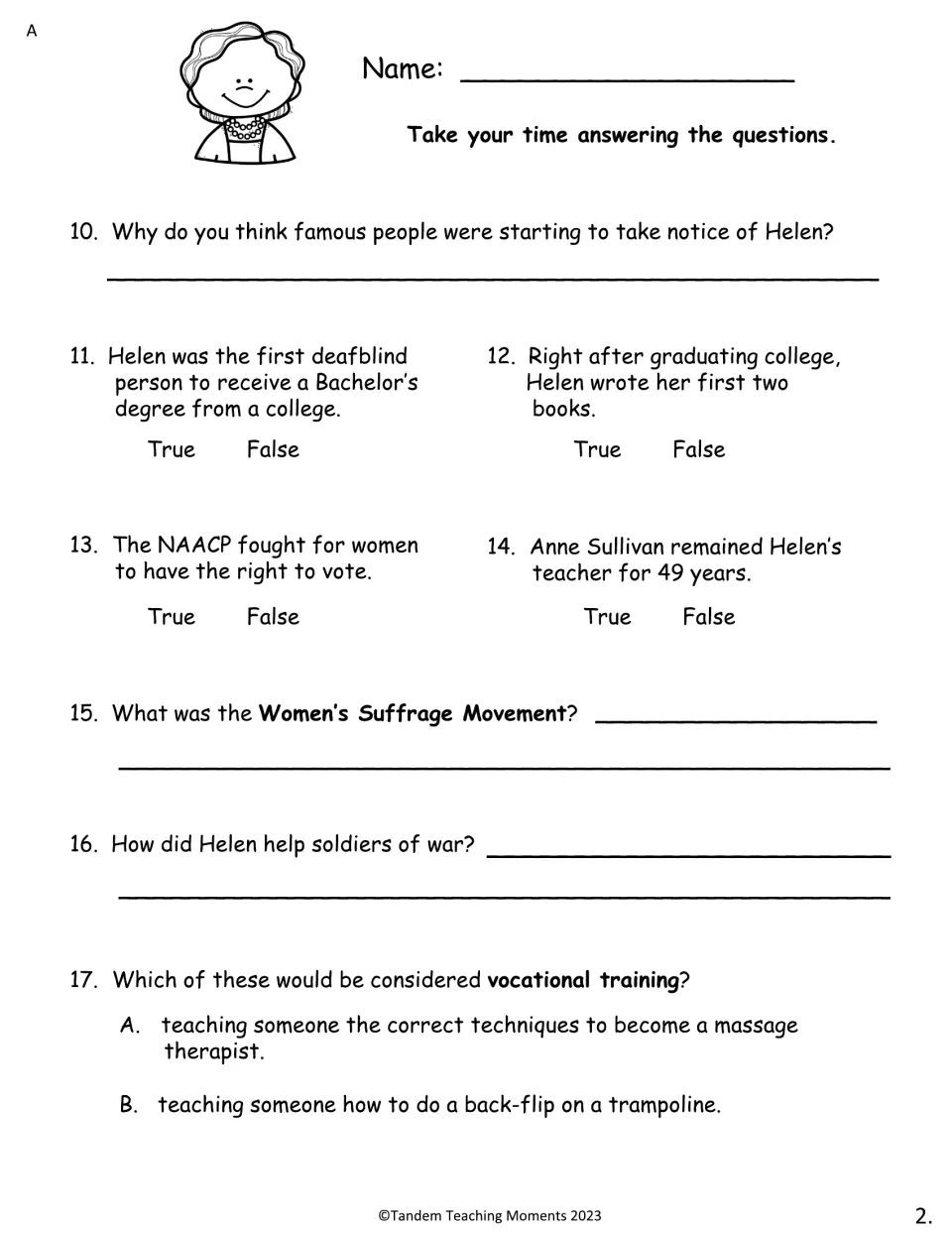 Comprehension set A, questions 10–17, covers Helen's college degree, women's suffrage, and vocational training.