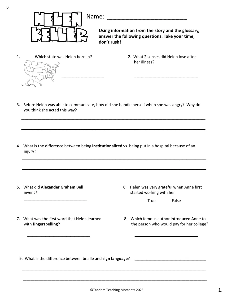Comprehension set B, questions 1–9, asks about Helen's anger, institutionalization, and fingerspelling.
