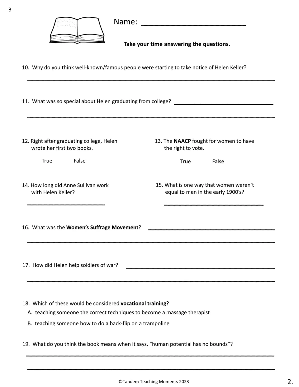 Comprehension set B, questions 10–19, covers Helen's achievements, women's rights, and human potential.