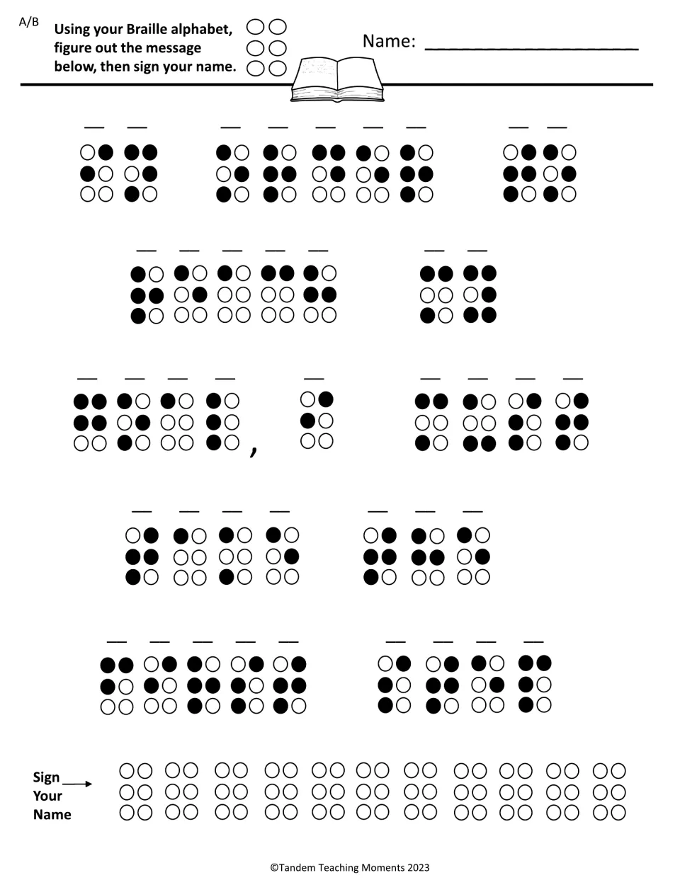 Shared A/B Braille activity asks students to decode a message using the alphabet guide and sign their name.