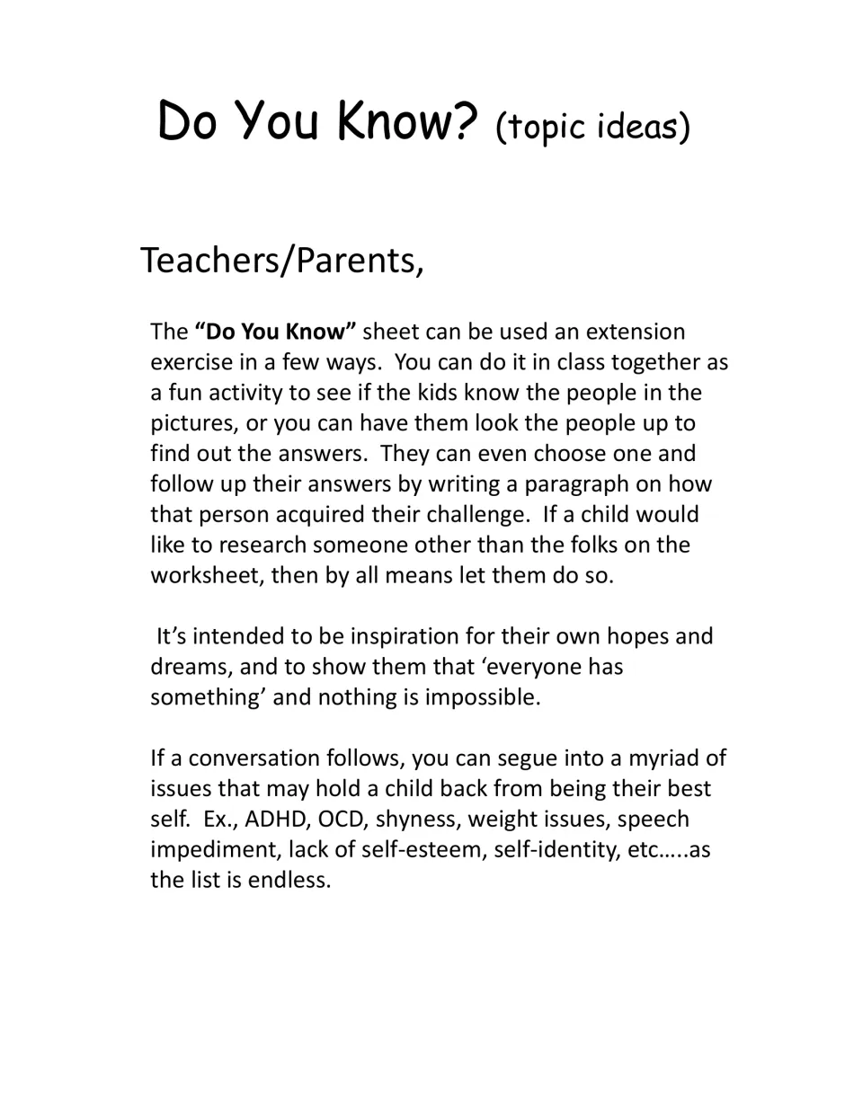 Teacher and parent notes for 'Do You Know?' suggest identifying famous people and writing a research paragraph.