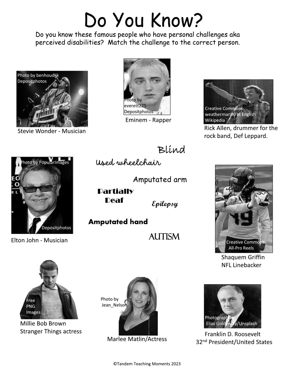 'Do You Know?' matching activity uses eight famous people's photos, including Stevie Wonder and Rick Allen.