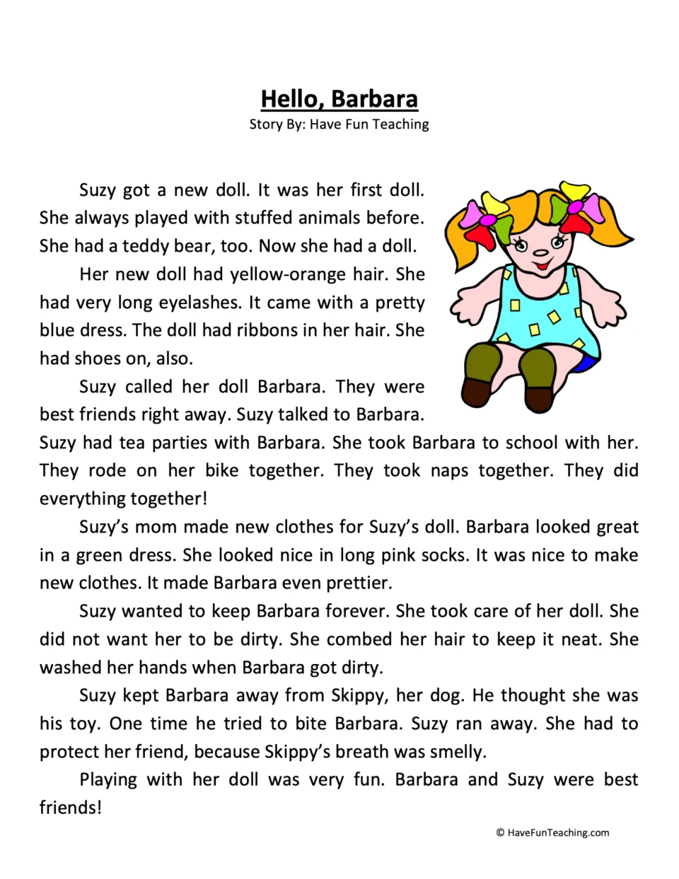 Reading passage about Suzy's new doll Barbara, their time together, and keeping her safe from Skippy the dog.