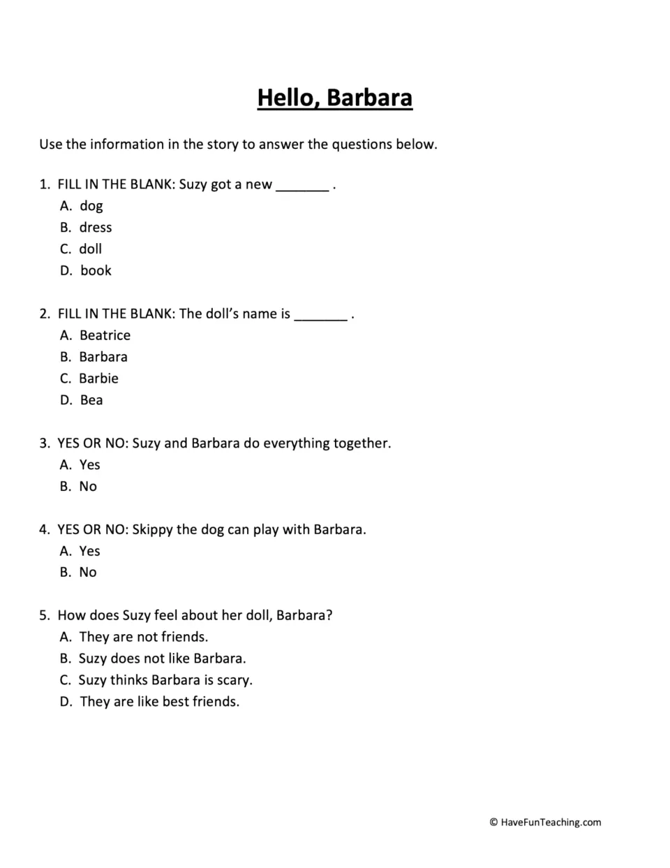 Five comprehension questions about Suzy's new doll, its name, their friendship, and Skippy the dog.