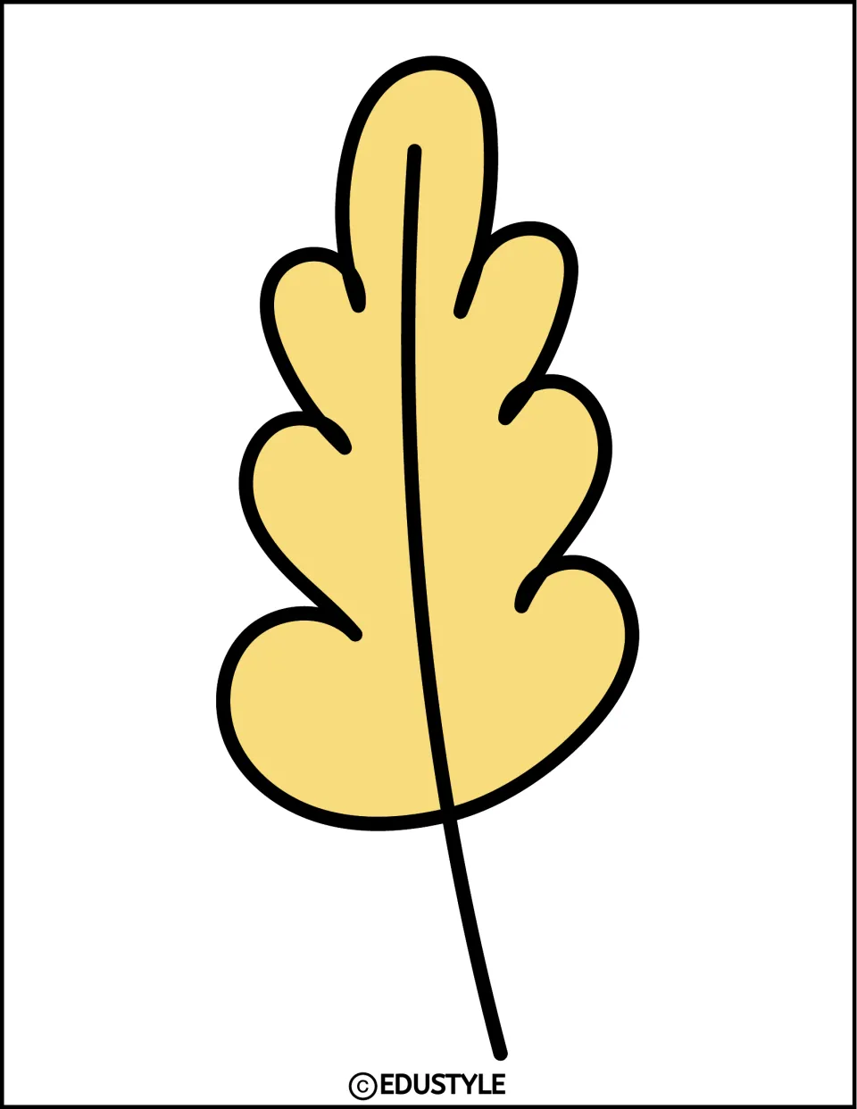 Fall leaf decoration: one large yellow lobed leaf with a long curved stem and black outline, to cut out for display