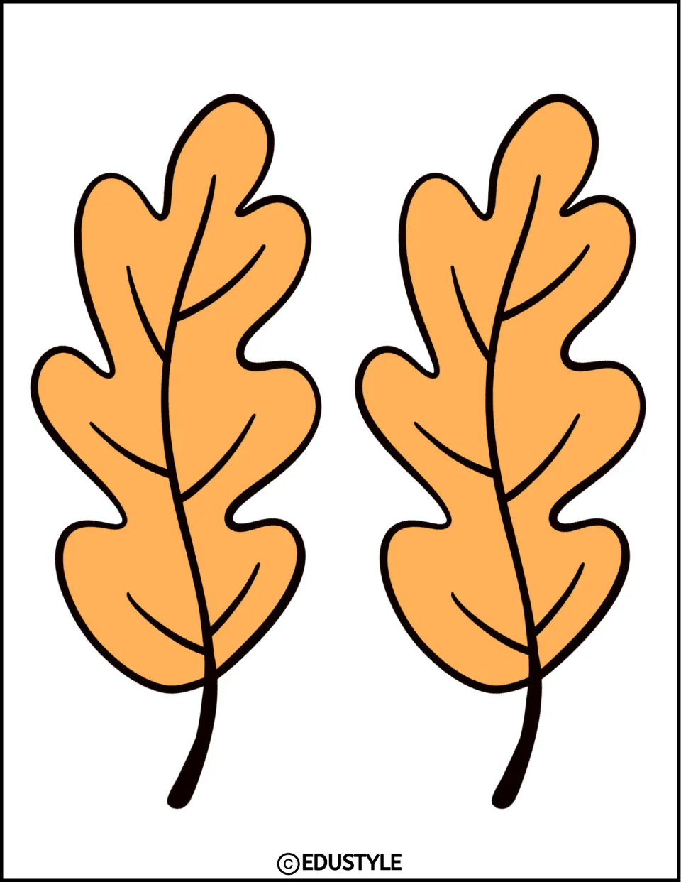 Two orange oak-shaped leaves with dark veins, cut-out decorations for the kit's fall bulletin board display
