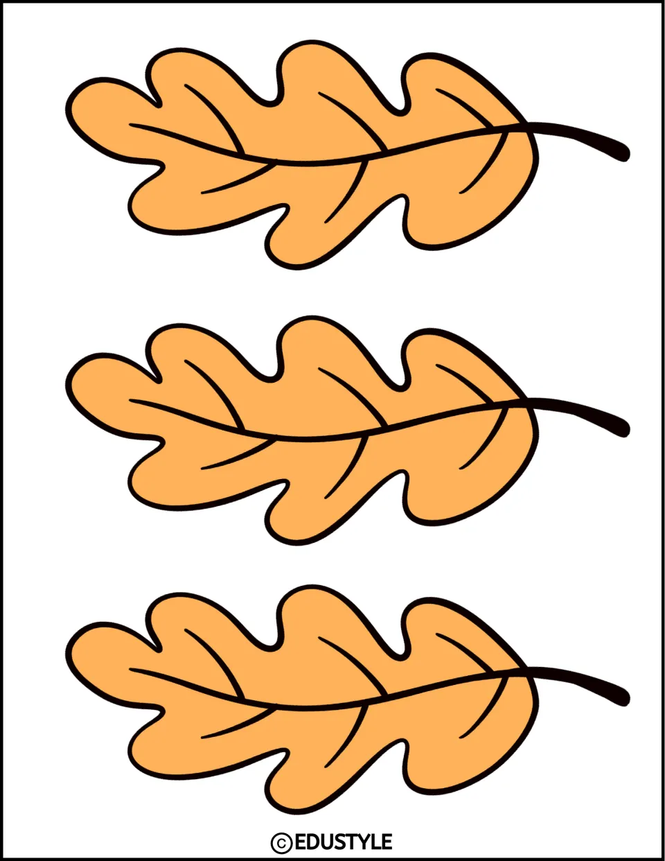 Three orange oak-shaped leaves with dark veins, cut-out decorations for the kit's fall bulletin board display