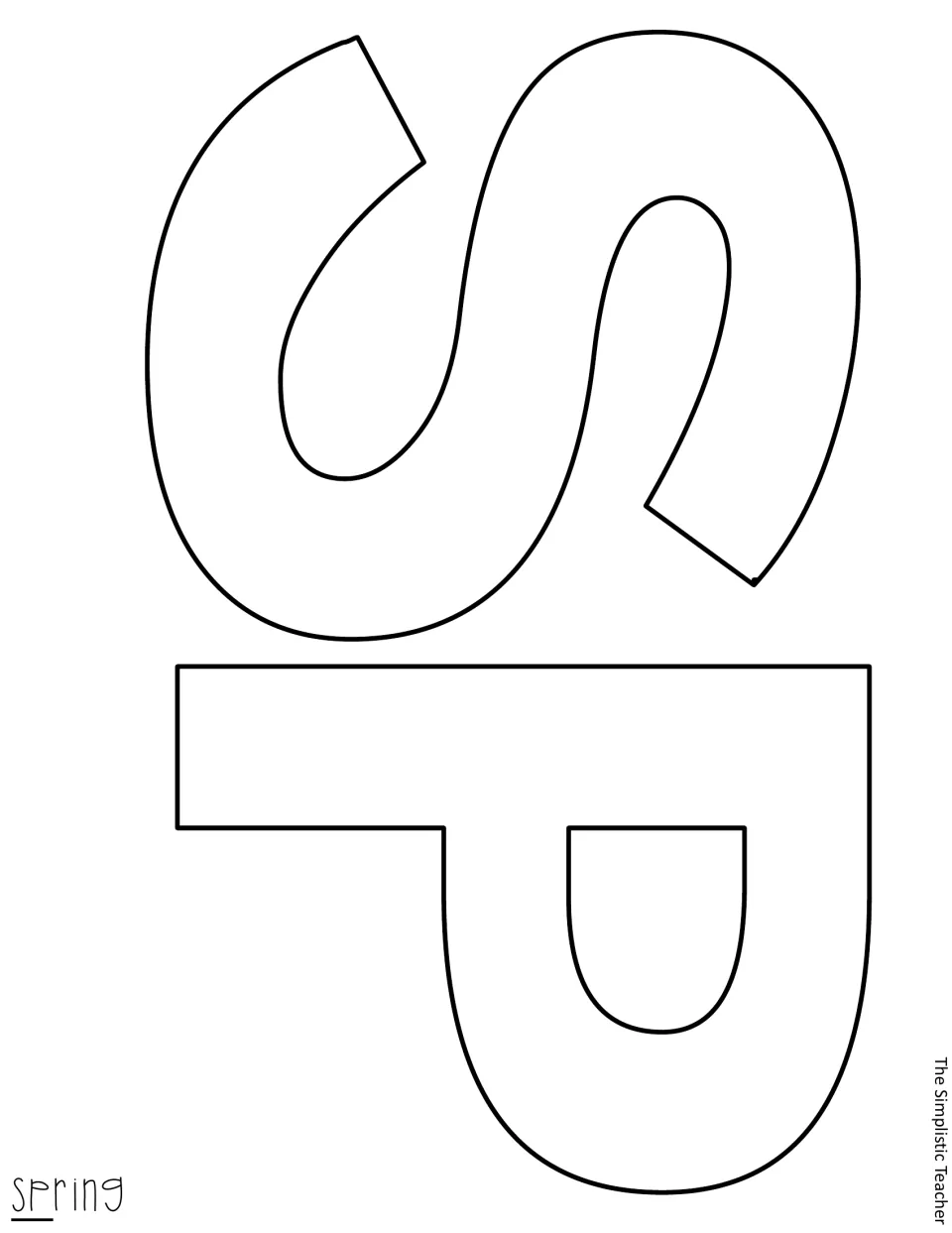 Letter templates: bold outlined S and P from the word spring, printed sideways on one page for cutting out