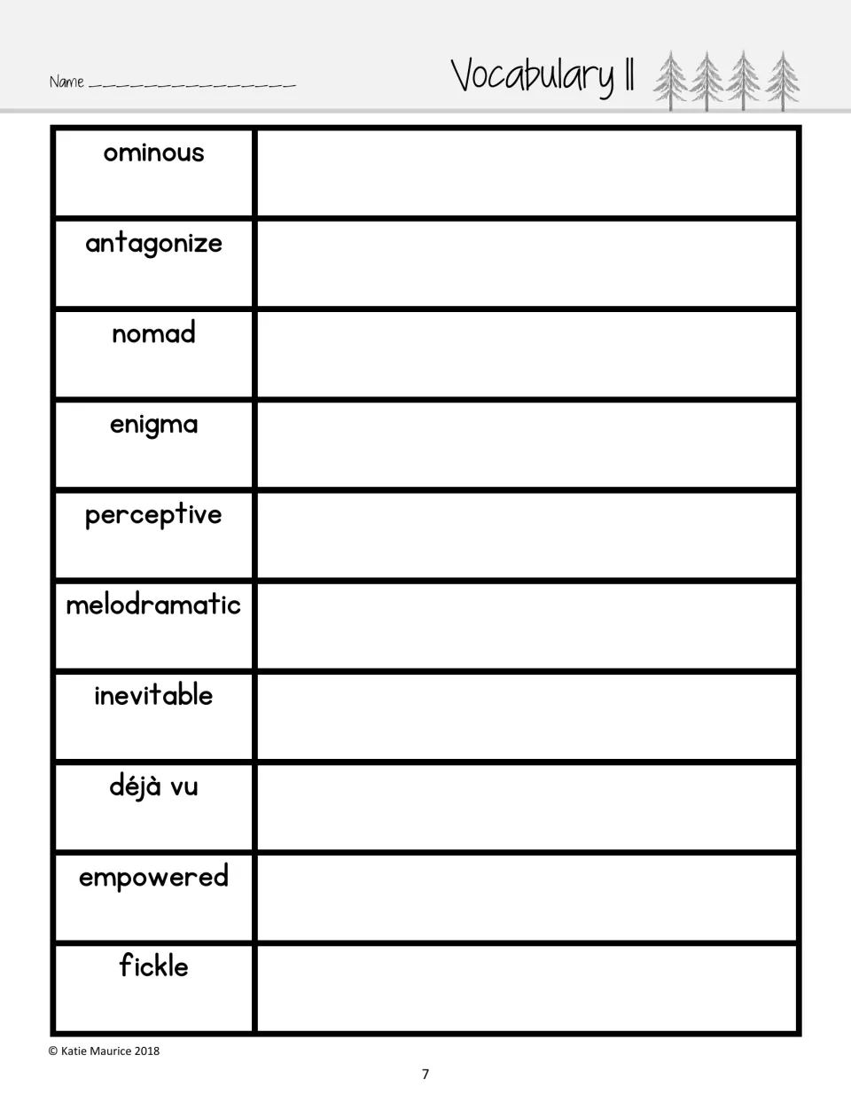 Vocabulary II: students record definitions for ominous, antagonize, nomad, enigma, déjà vu, fickle and four more words