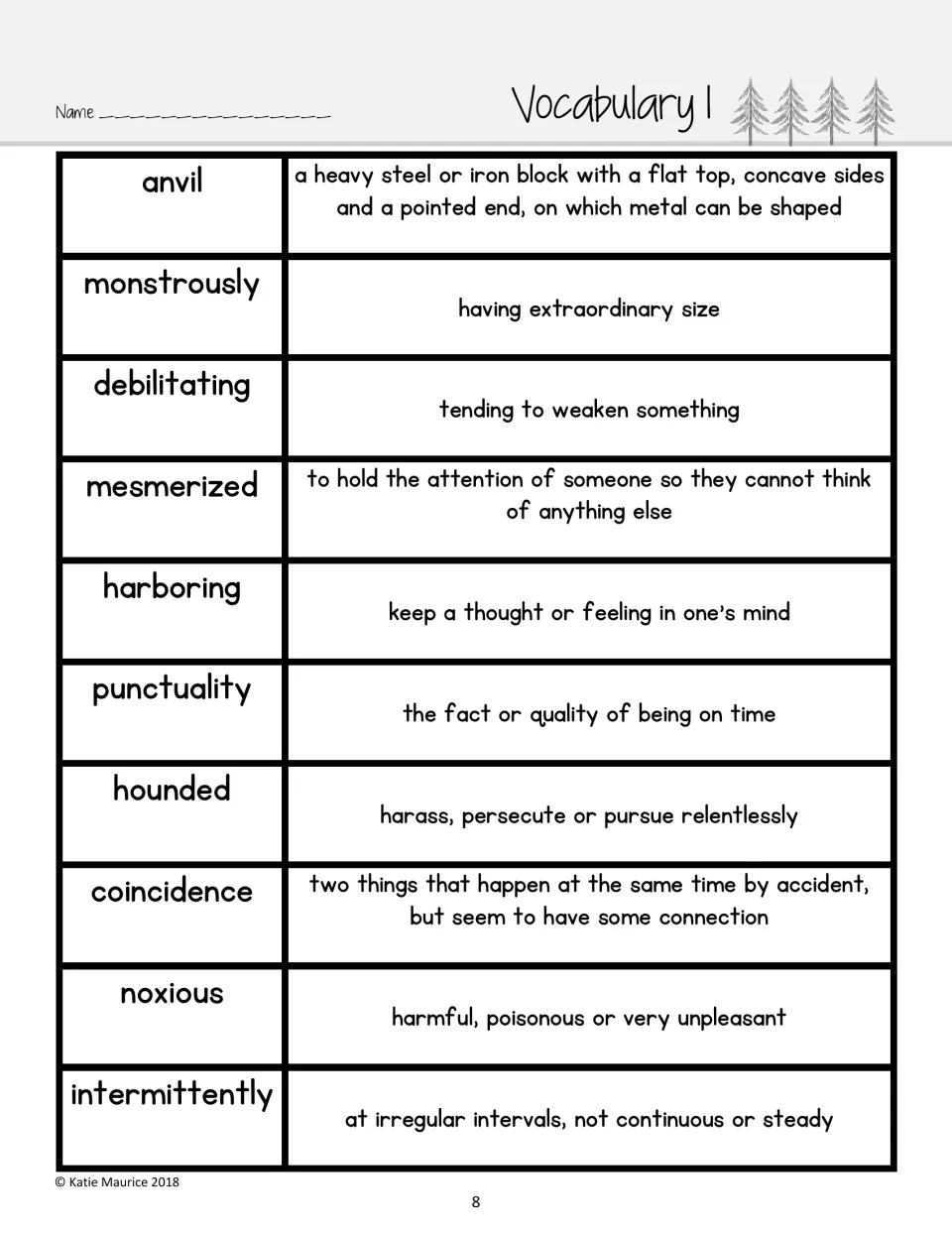 Vocabulary 1 with definitions filled in, from anvil as a metal-shaping block to intermittently as at irregular intervals