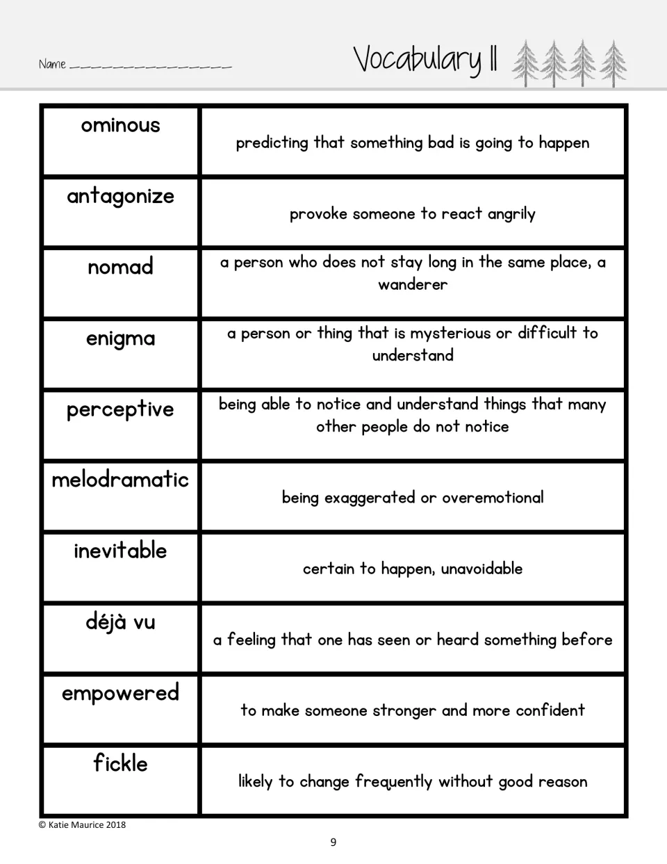 Vocabulary II definitions supplied, such as nomad as a wanderer, enigma as mysterious and fickle as changing without reason