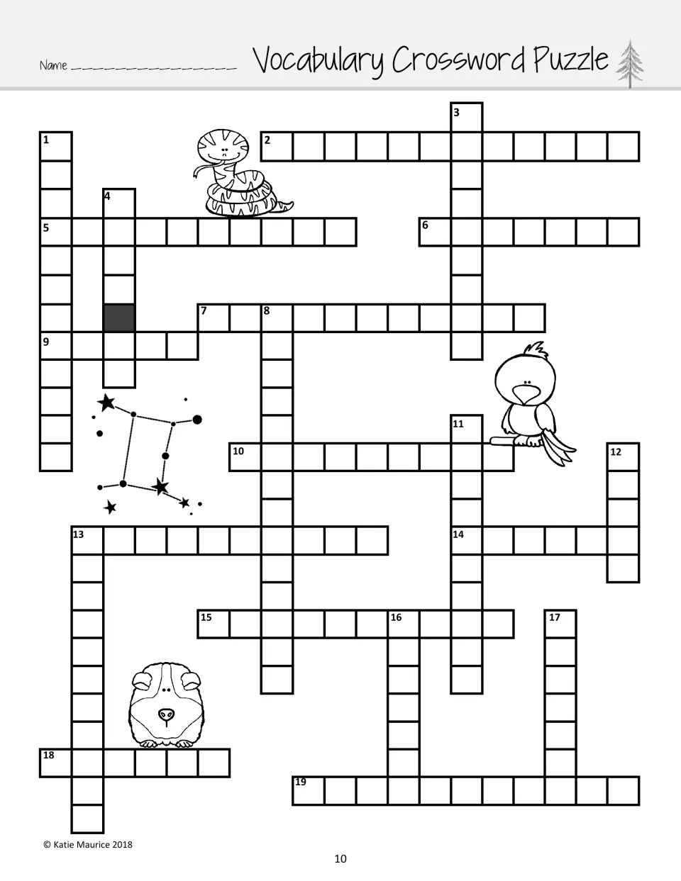 Vocabulary crossword puzzle: students solve 19 numbered entries with vocabulary words; snake, bird and guinea pig art