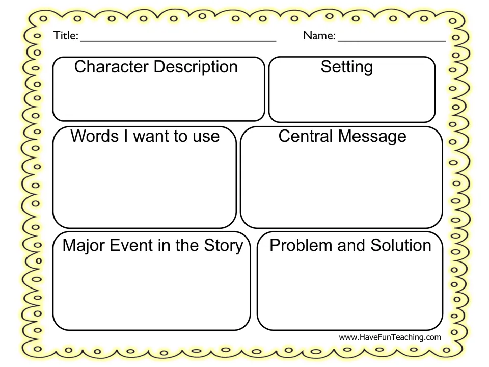 Story elements organizer: students note character description, setting, words to use, central message, event, problem
