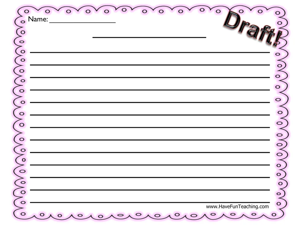 Story draft page marked Draft!: students write a title and draft their own story using ideas from their organizer