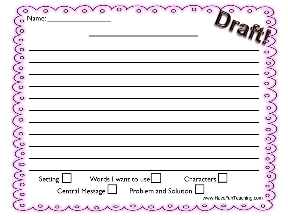 Story draft with checklist: students write, then tick setting, words to use, characters, message, problem and solution