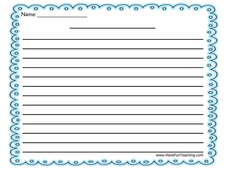 Third blue story writing sheet, matching pages 6 and 7, giving students more room to finish writing their story