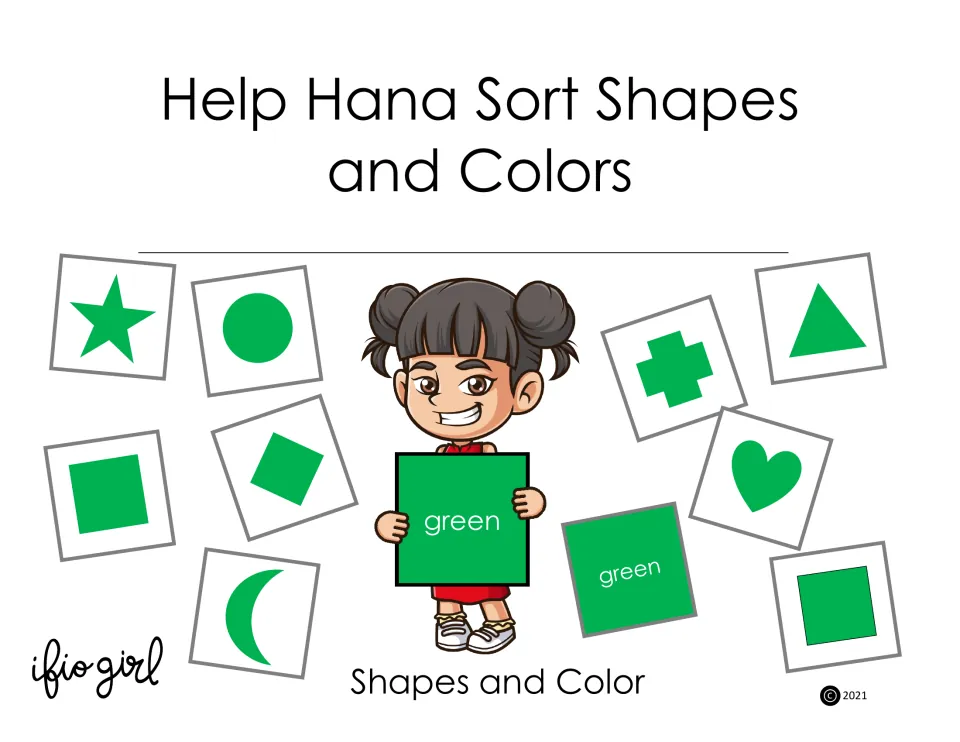 Shape and color sorting cover: Hana holds a green color card among green star, circle, heart, cross, triangle and moon cards