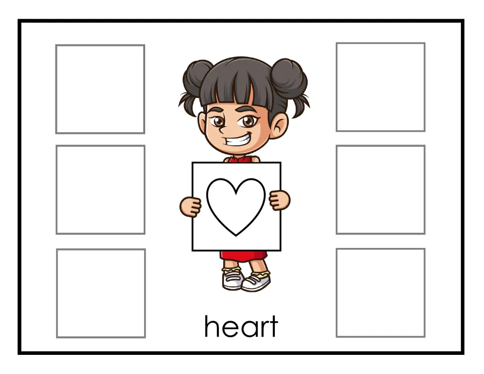 Heart sorting mat: Hana holds a heart outline and students place six heart shape cards in the spaces beside her