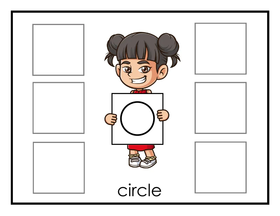 Circle sorting mat: Hana holds a circle outline and students match six circle cards to the empty spaces around her