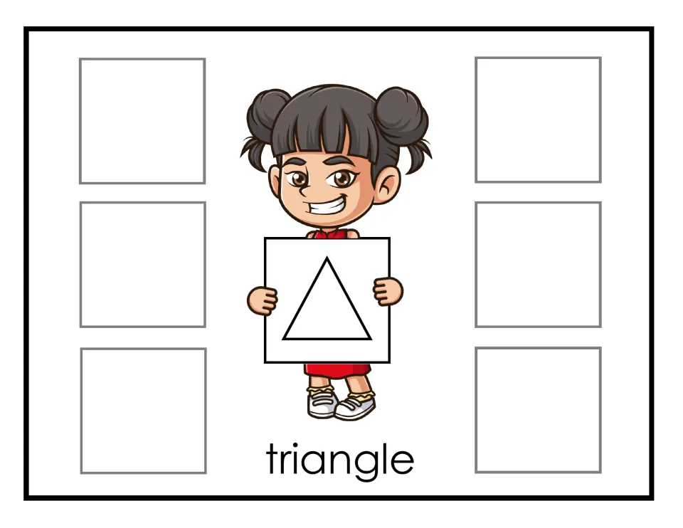 Triangle sorting mat: Hana shows a triangle outline and students sort six triangle cards onto the spots at either side