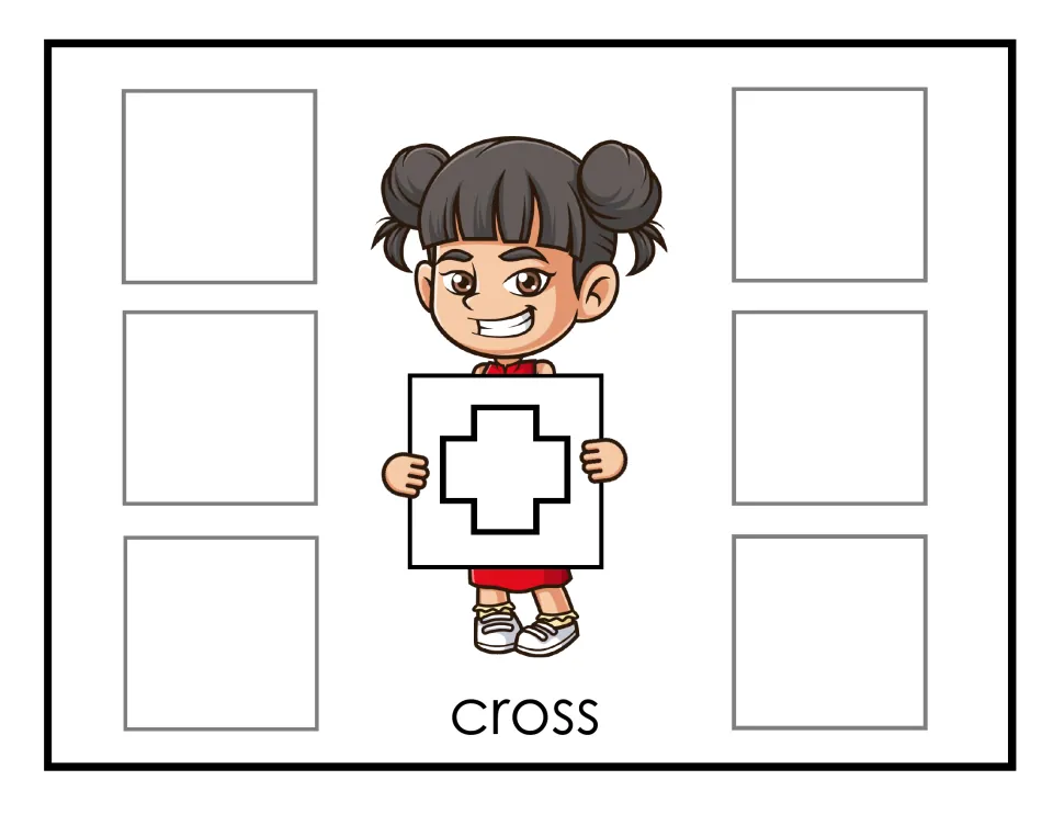 Cross sorting mat: Hana holds a plus-shaped cross outline and students set six matching cross cards in the spaces