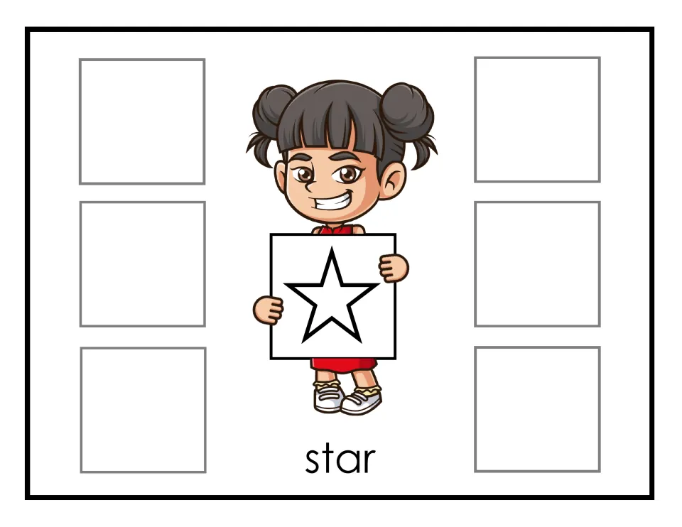 Star sorting mat: Hana holds a five-point star outline and students place six star cards in the spaces beside her