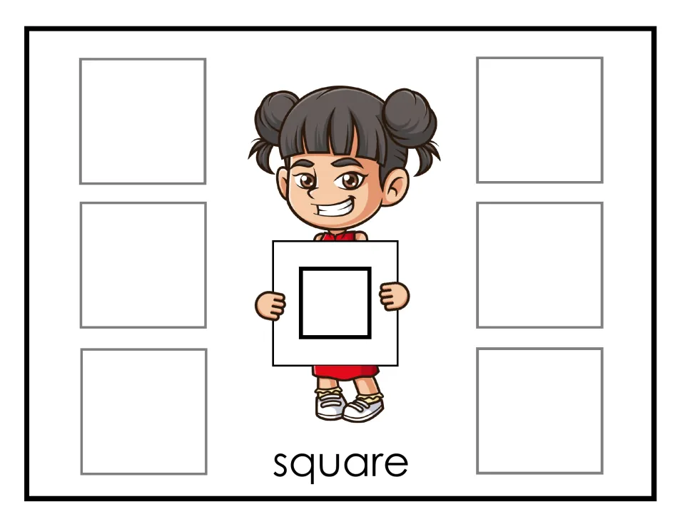 Square sorting mat: Hana shows a square outline and students match six square cards to the empty spots around her