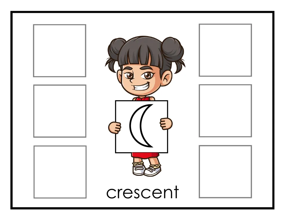 Crescent sorting mat: Hana holds a crescent moon outline and students sort six crescent cards into the spaces