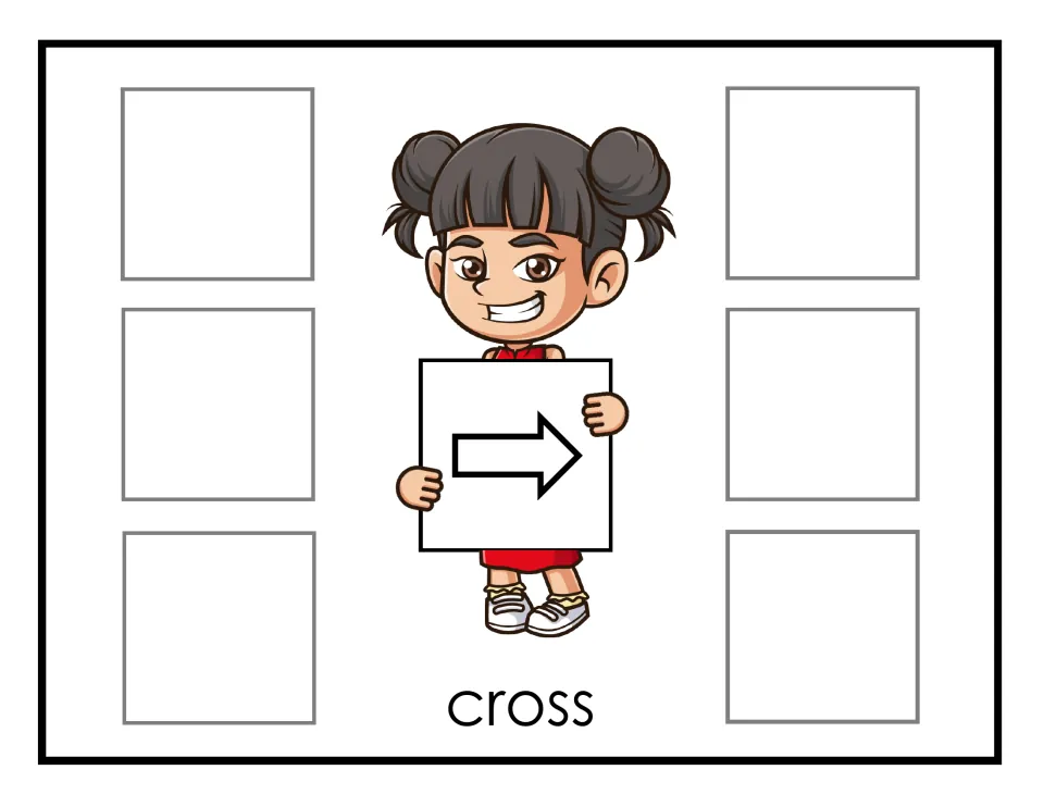 Arrow sorting mat: Hana holds a right-pointing arrow outline, labeled cross on the page; students place six matching cards
