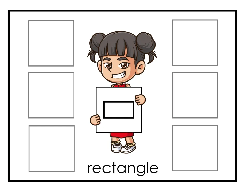 Rectangle sorting mat: Hana shows a rectangle outline and students match six rectangle cards to the spaces beside her