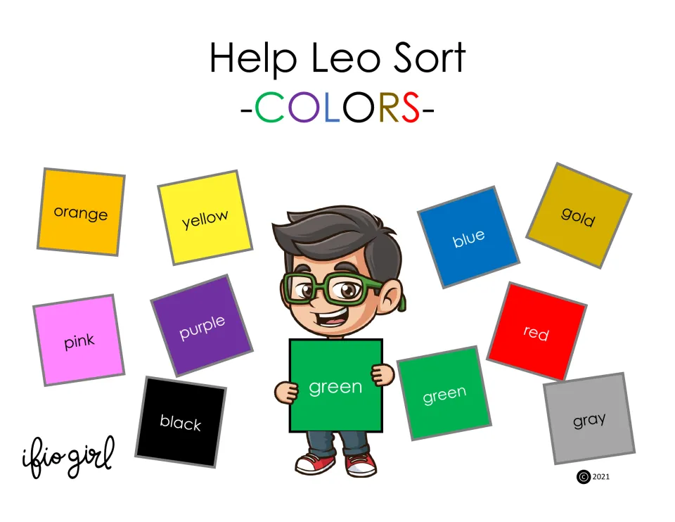Cover of Help Leo Sort Colors, a sorting activity featuring color names including blue, red, and green.