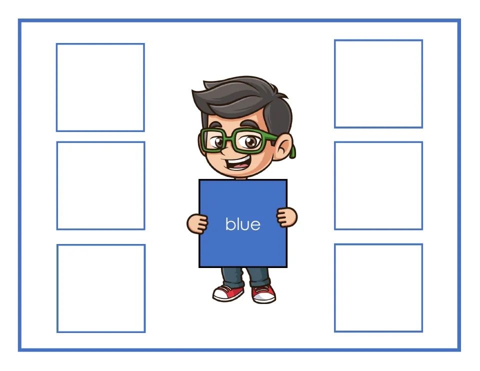 Blue sorting mat labeled 'blue' for matching color cards, with places for six cards in the sorting activity.