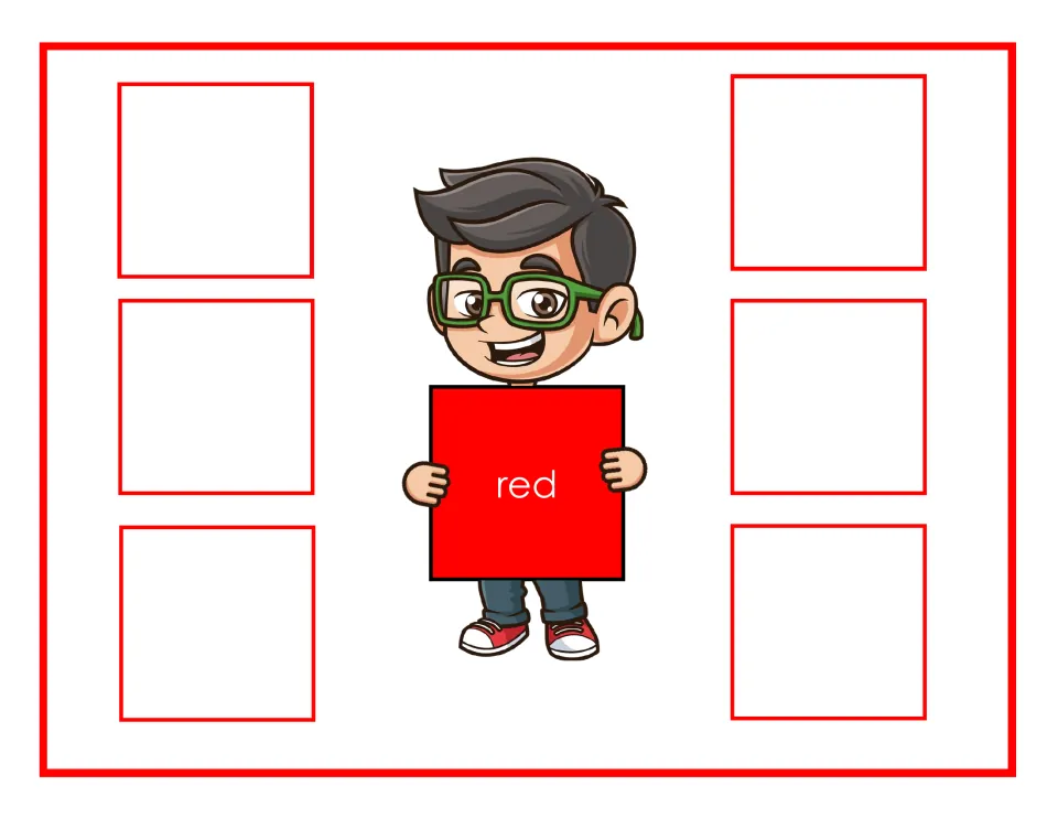 Red sorting mat labeled 'red' for matching color cards, with places for six cards in the sorting activity.