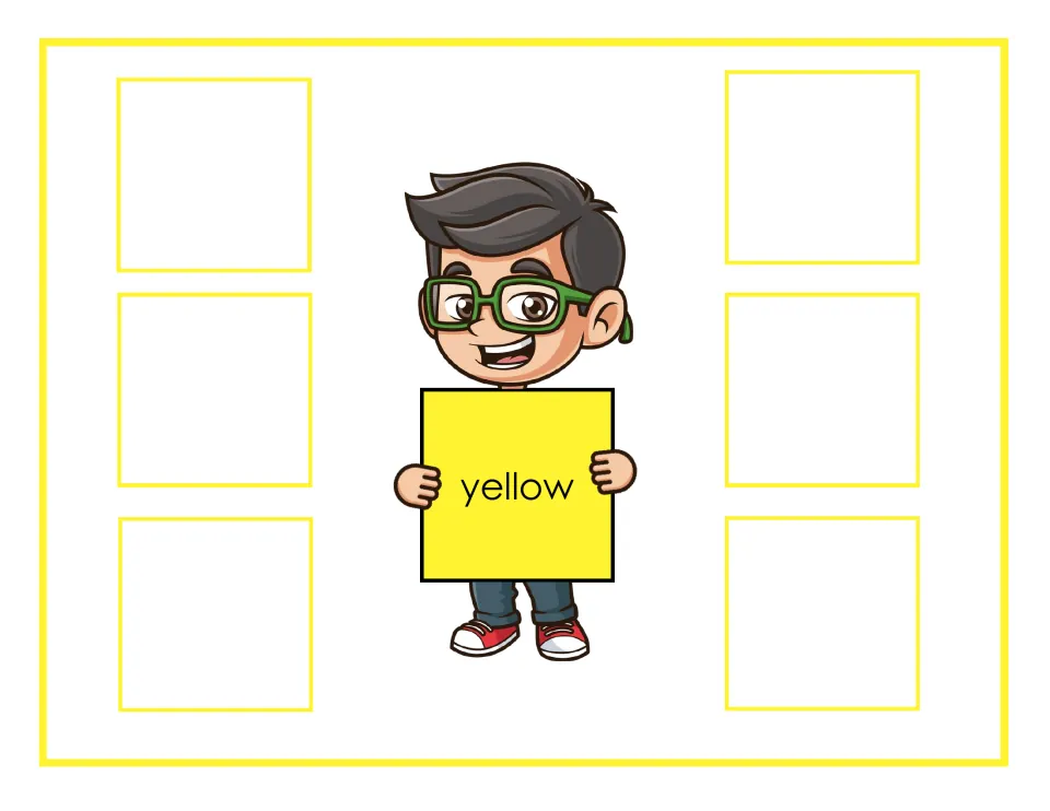 Yellow sorting mat labeled 'yellow' for matching color cards, with places for six cards in the sorting activity.