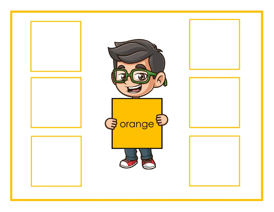 Orange sorting mat labeled 'orange' for matching color cards, with places for six cards in the sorting activity.
