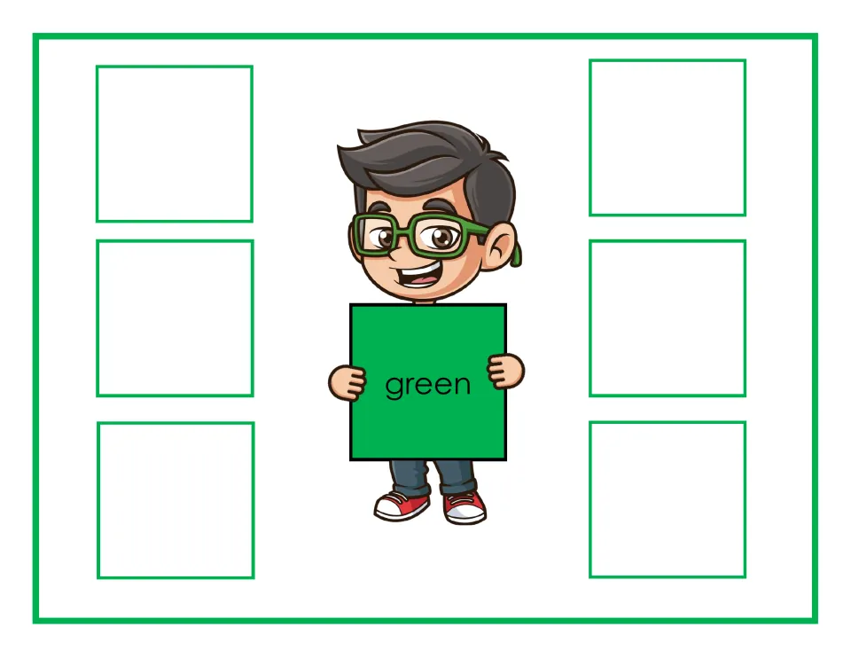 Green sorting mat labeled 'green' for matching color cards, with places for six cards in the sorting activity.