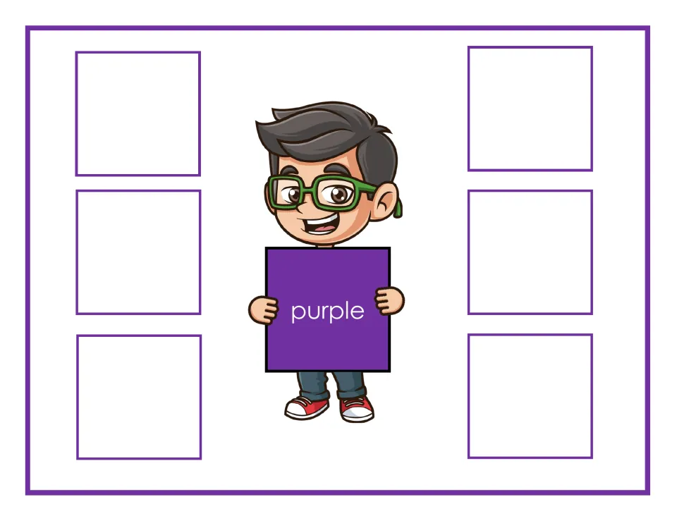 Purple sorting mat labeled 'purple' for matching color cards, with places for six cards in the sorting activity.