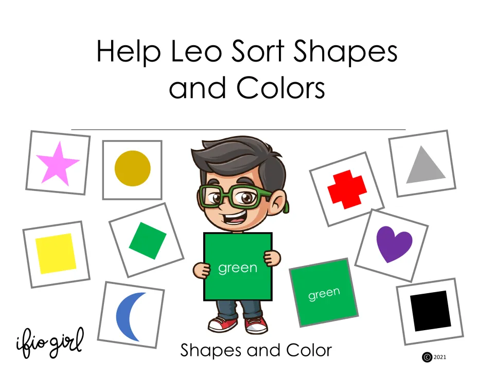 Help Leo Sort Shapes and Colors cover: a boy holds a green card among shape cards like a star, heart, cross and crescent