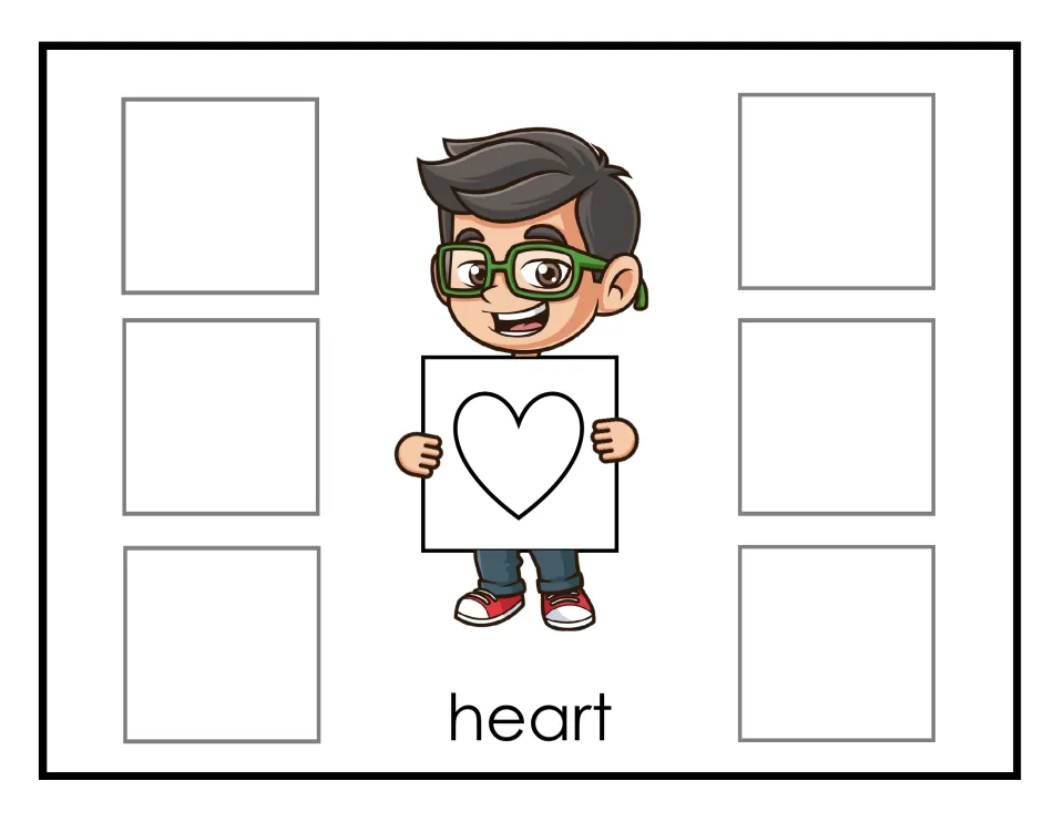 Heart sorting mat: a boy holds an outlined heart, and students place six matching heart cards in the spaces beside him
