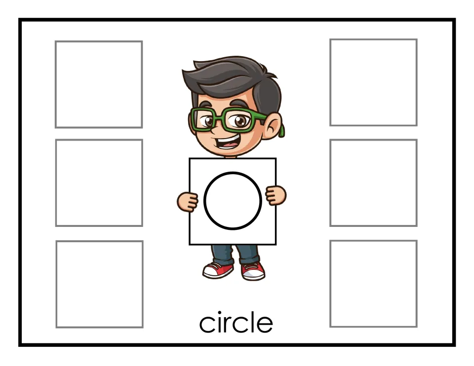 Circle sorting mat: the boy shows an outlined circle, and students place six circle cards on the mat to sort by shape