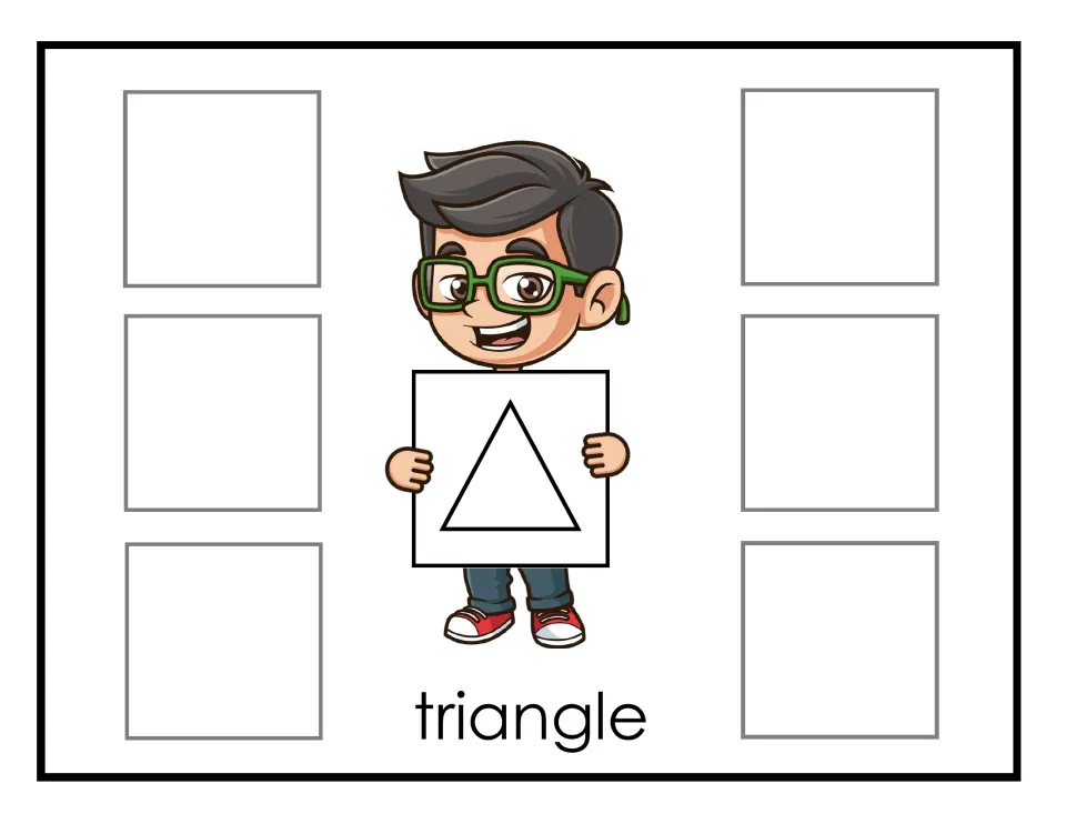 Triangle sorting mat: students match six triangle cards to the triangle the boy holds, practising shape recognition