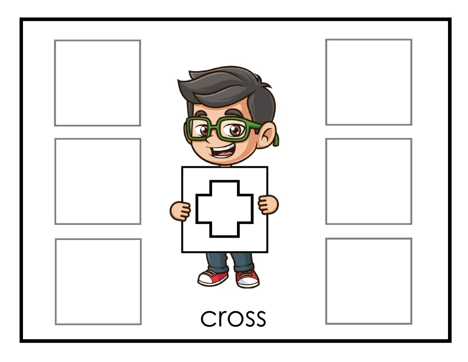Cross sorting mat: the boy holds a plus-shaped cross outline, and students sort six cross cards onto the mat beside him