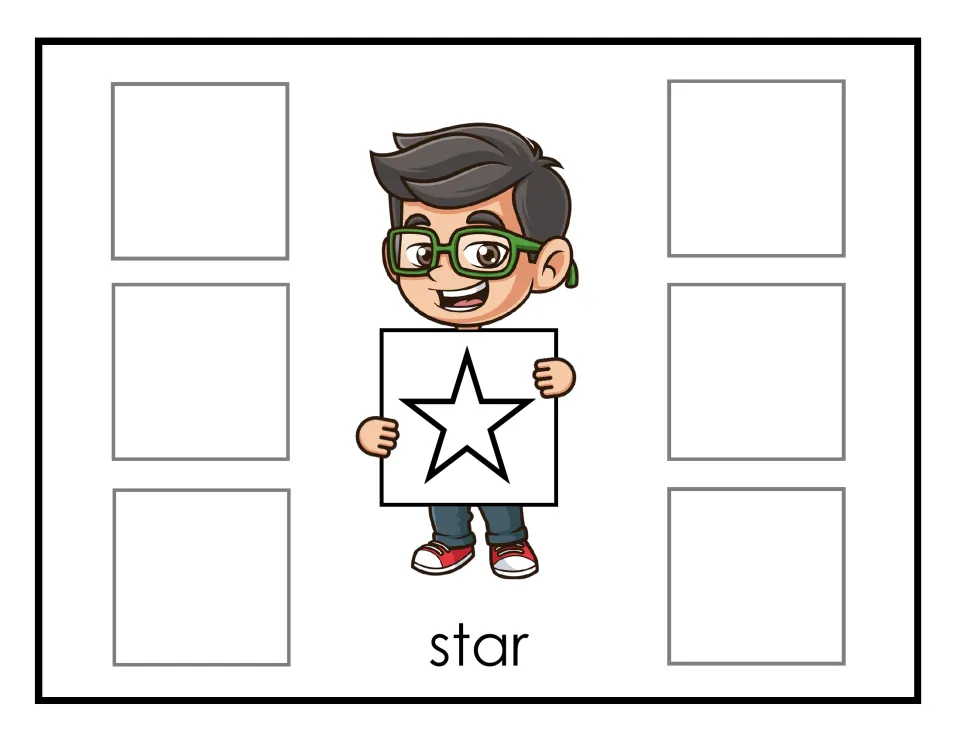 Star sorting mat: students place six star cards next to the boy holding a five-pointed star outline to sort by shape
